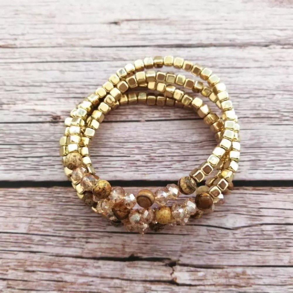Boho stacking layering bracelet set of 4 in natural brown stone & gold beads NEW - Picture 2 of 3